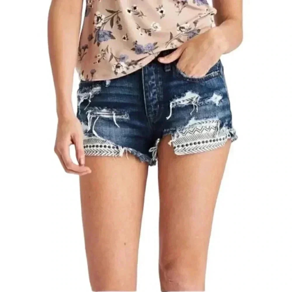 American  Eagle Vintage Hi-Rise Festival Jean Shorts Distressed Blue Size 2